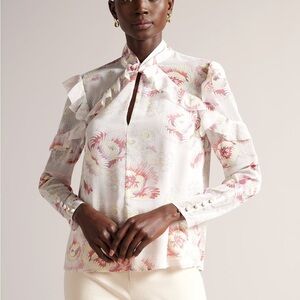 Ted Baker Foral Ruffle Blouse cream base with pink and red detail